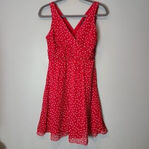 Vtg Y2K Red Polka Dot Fit Flare Dress 50s Pin Up Retro Wedding Guest Resort Lrg